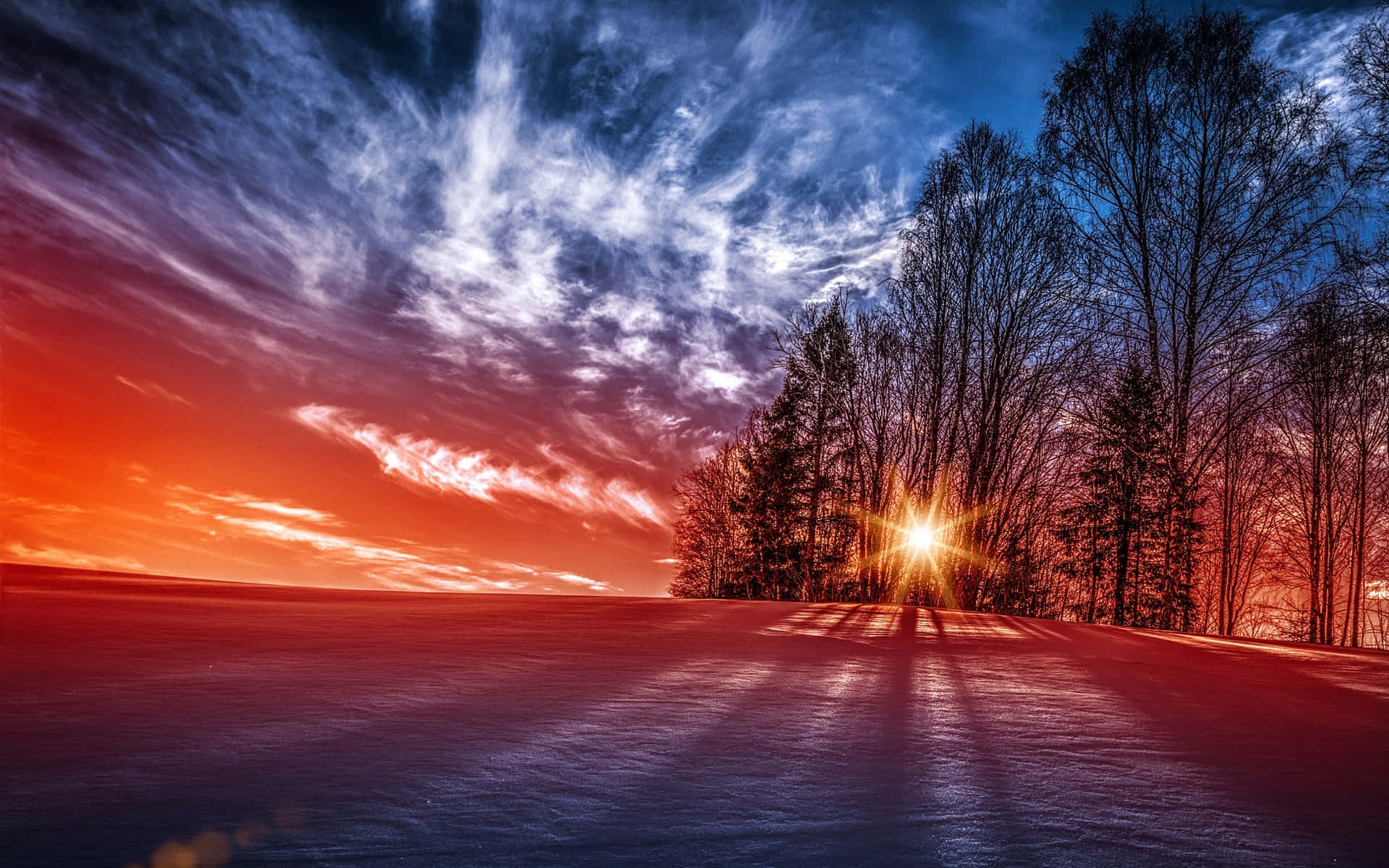 A Colorful Sunset With Trees And Snow