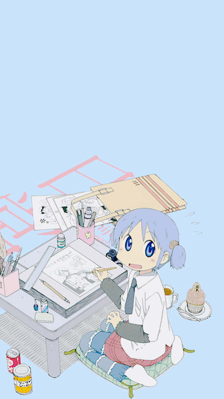 En pige sidder ved et bord med en bærbar computer i sine hænder. Wallpaper