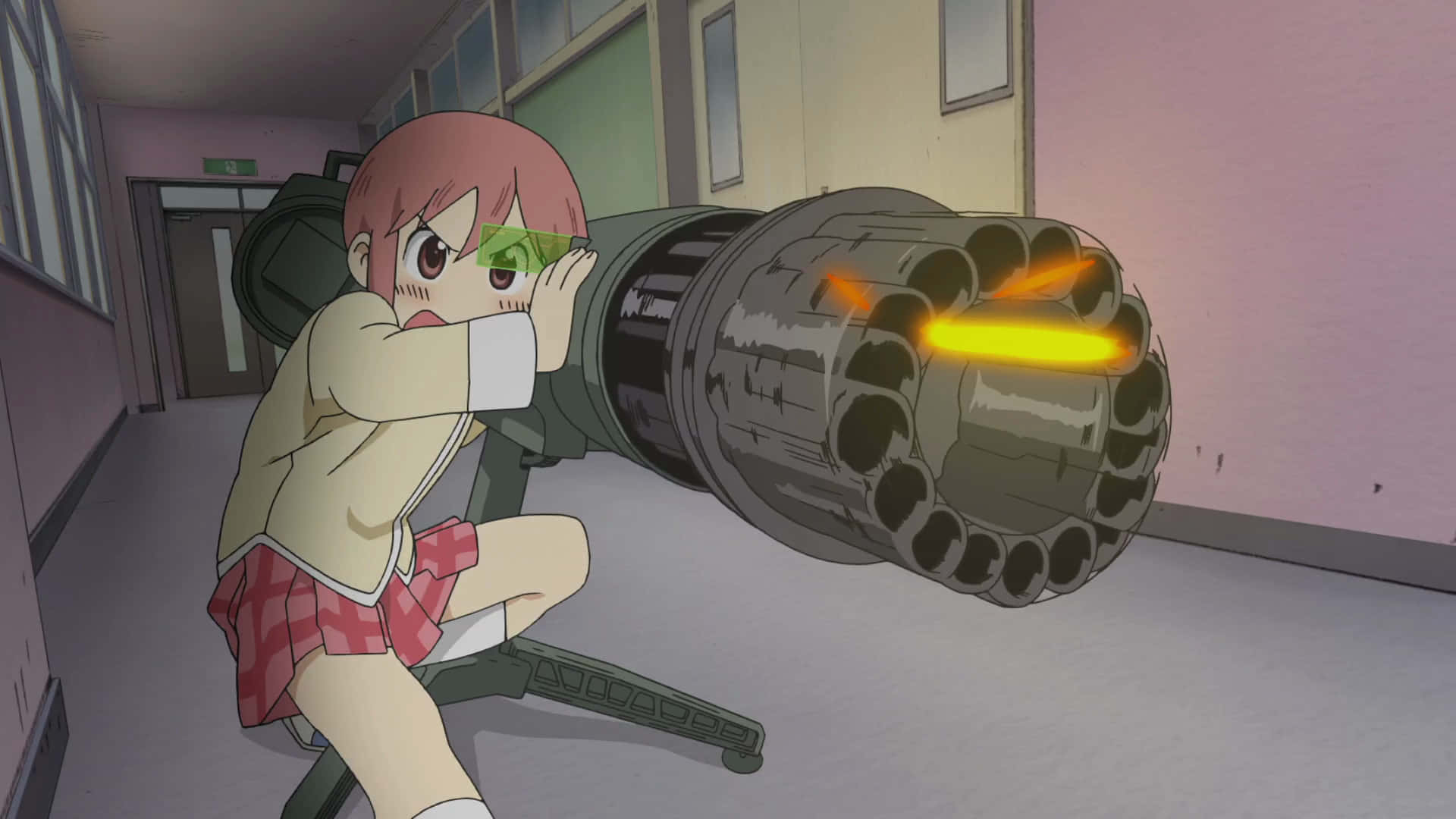 A Girl Is Holding A Gun In An Anime Hallway Wallpaper