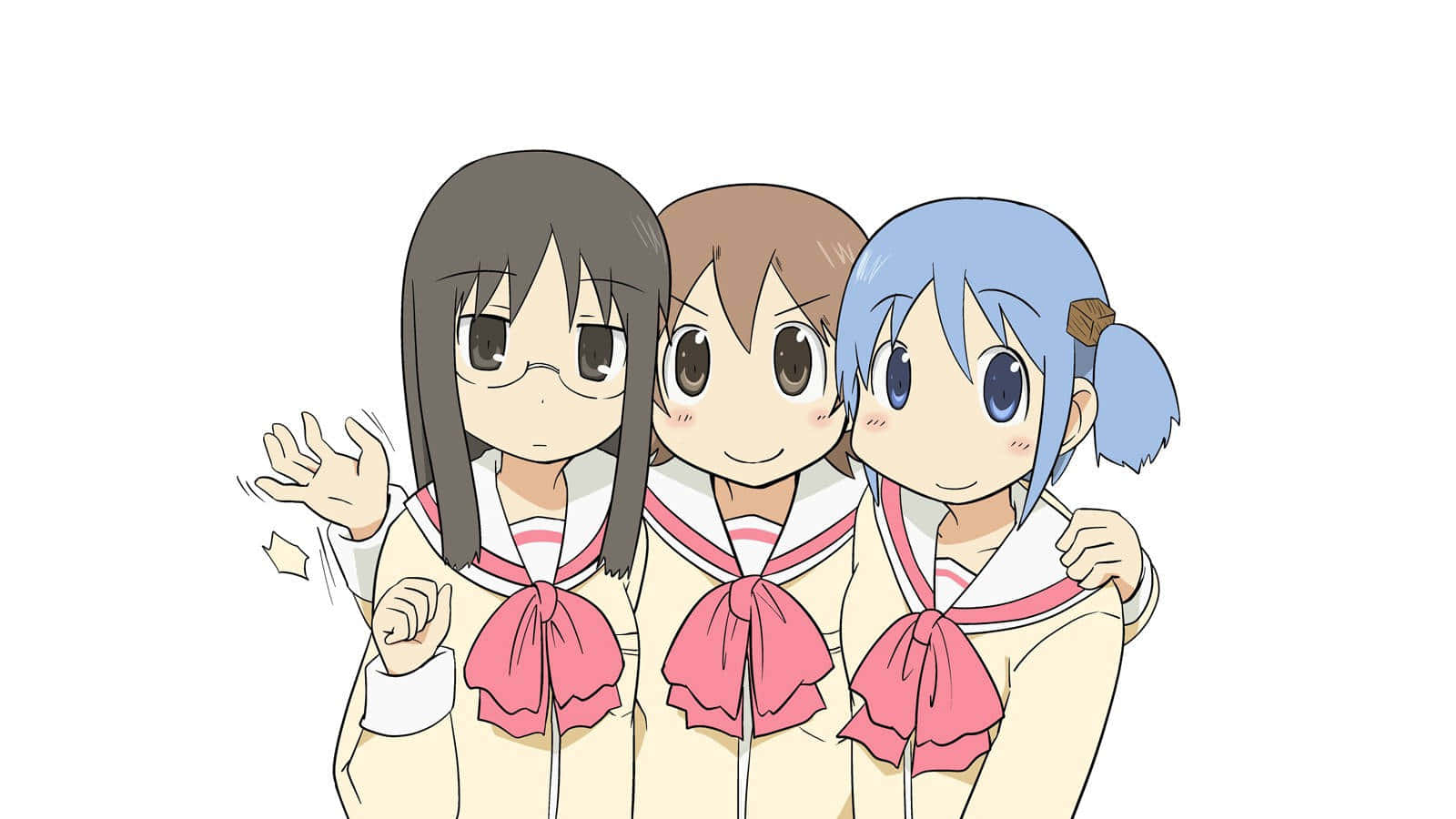 Tre anime-piger står sammen med deres hænder op Wallpaper