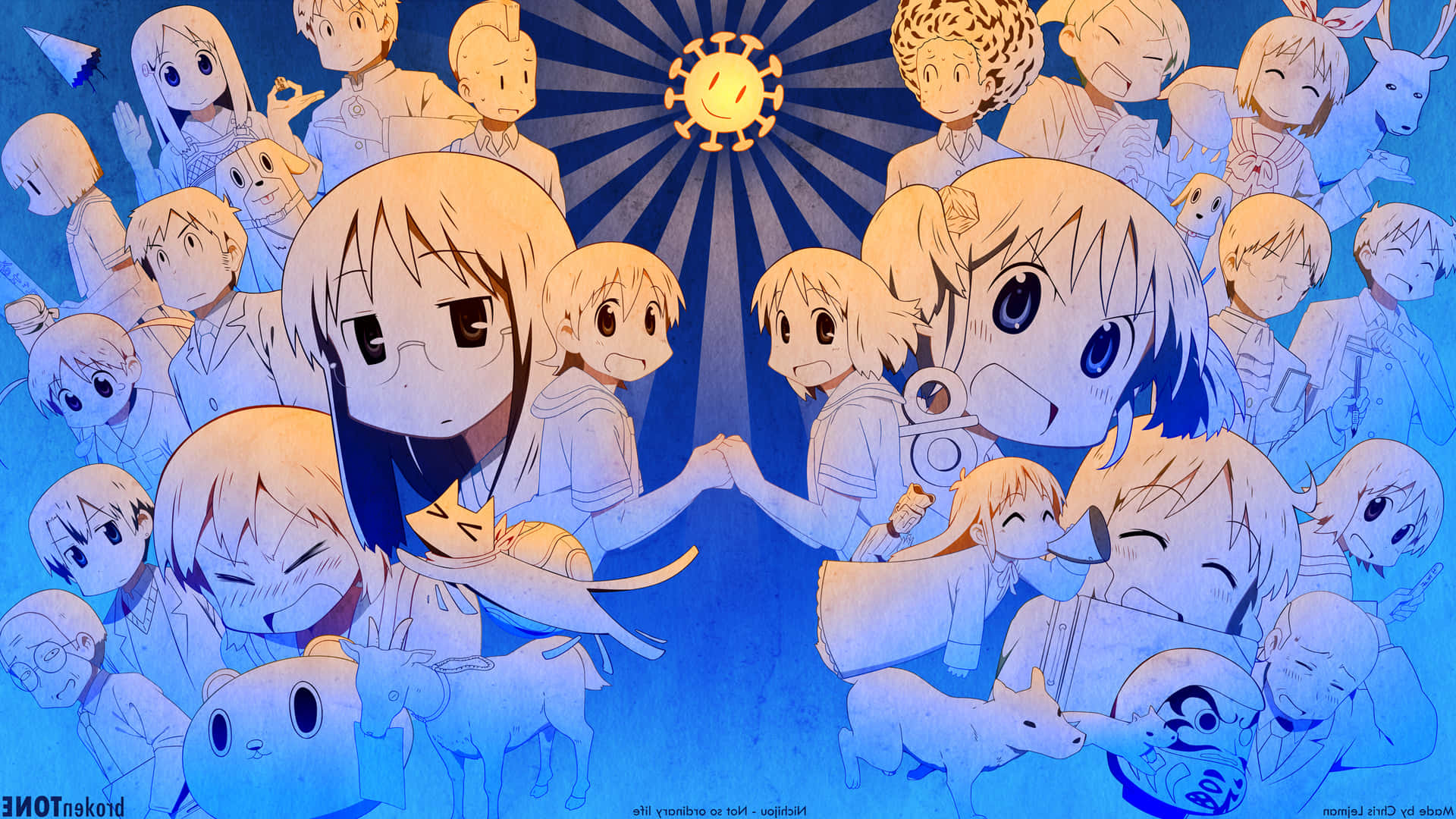 En gruppe anime-karakterer på en blå baggrund Wallpaper