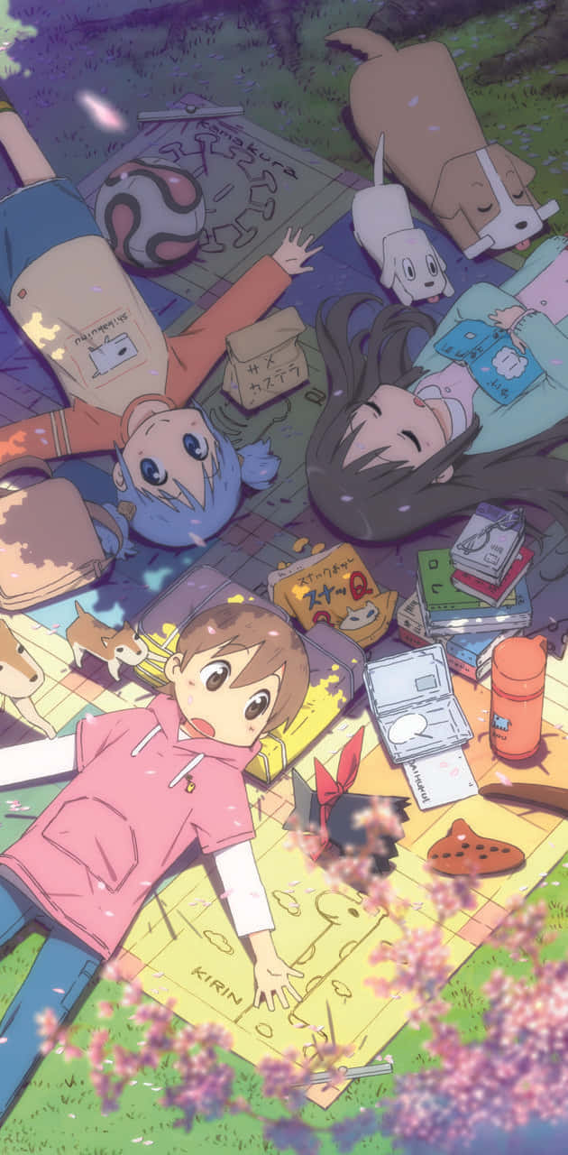 En gruppe mennesker ligger på gulvet med et farverigt himmel på bagsiden. Wallpaper