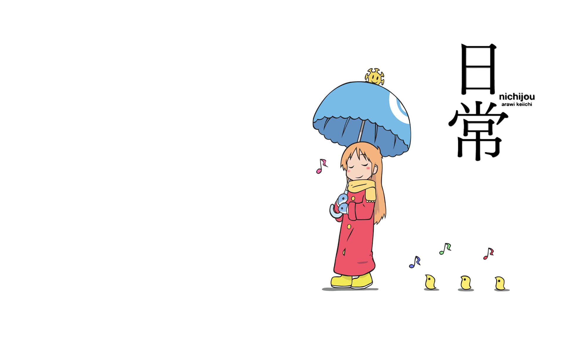 En pige med en paraply og en sangfugl, der nyder regnen. Wallpaper