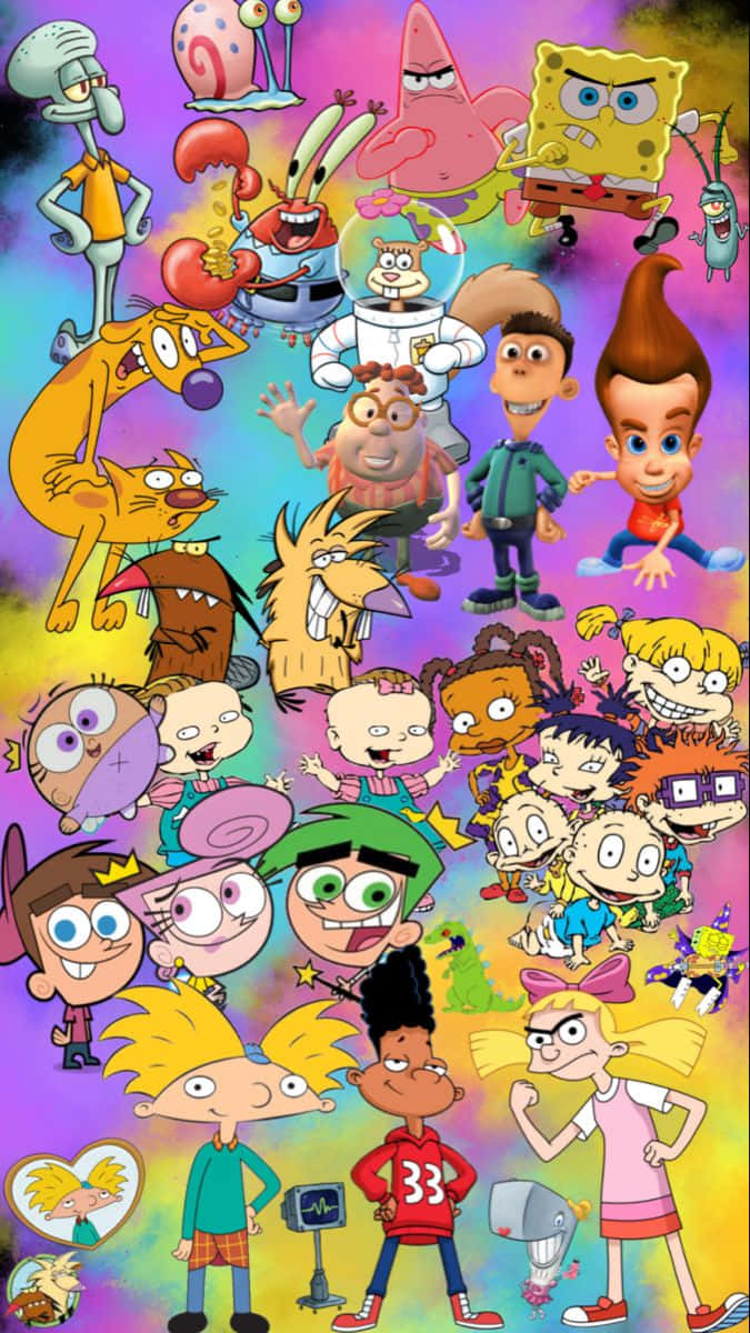 Ungrupo De Personajes De Caricaturas En Un Fondo Colorido. Fondo de pantalla