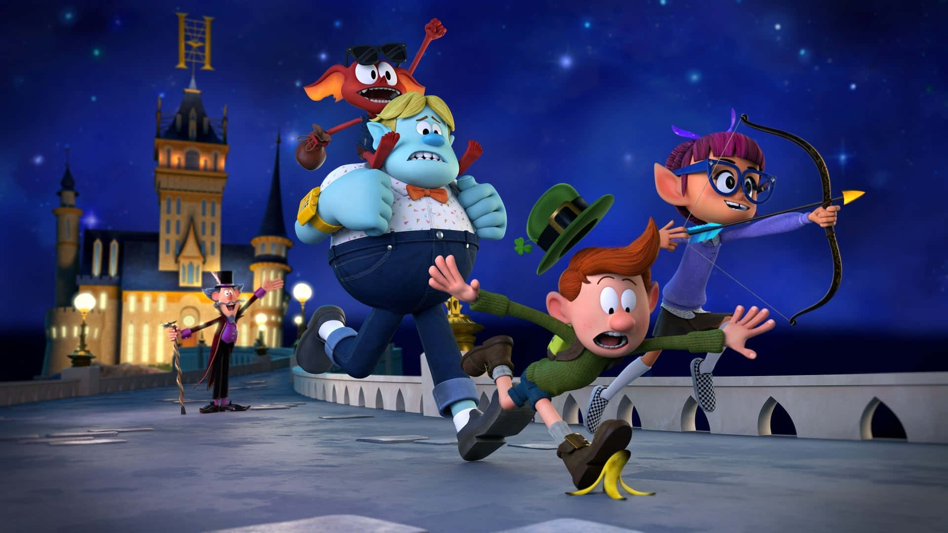 Ungrupo De Personajes De Dibujos Animados Está Corriendo Frente A Un Castillo. Fondo de pantalla