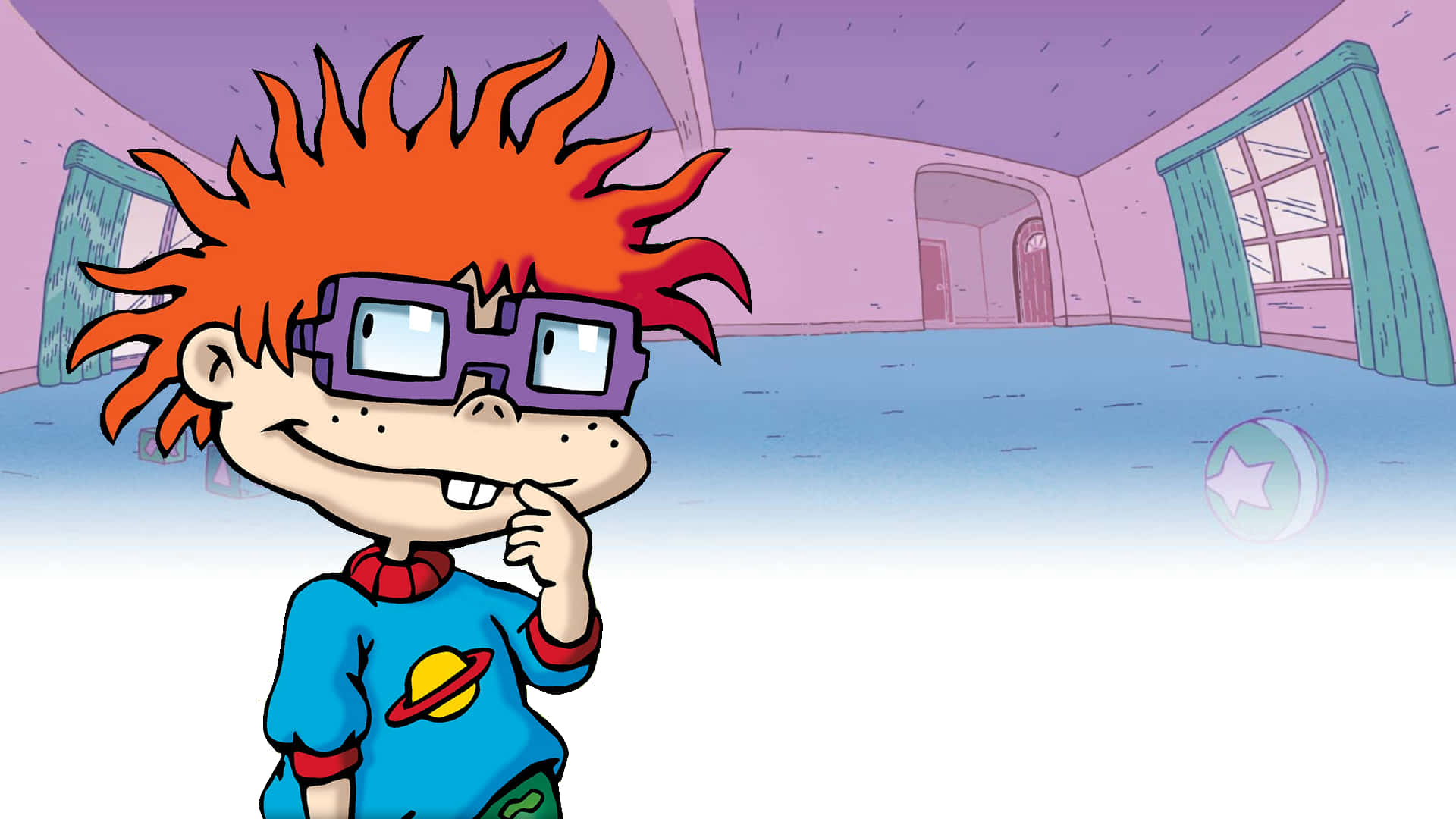 A Cartoon Character With Red Hair And Glasses Standing In A Room Wallpaper
