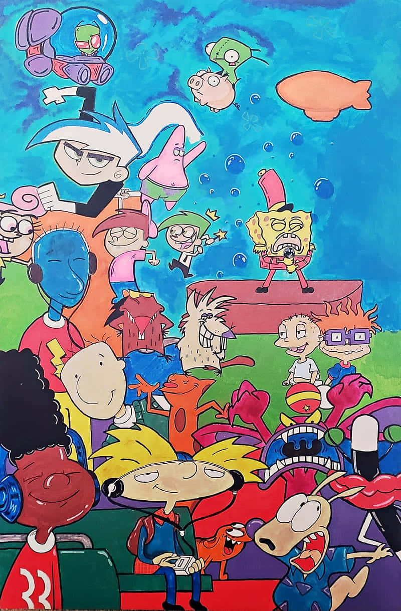 A Painting Of Cartoon Characters In A Group Wallpaper