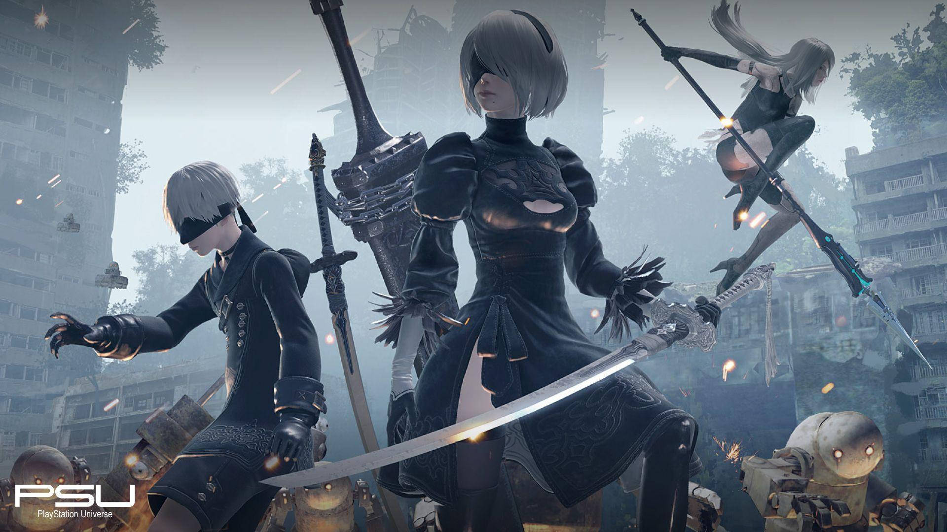 Androids 2B, 9S & A2 engaged in thrilling combat Wallpaper