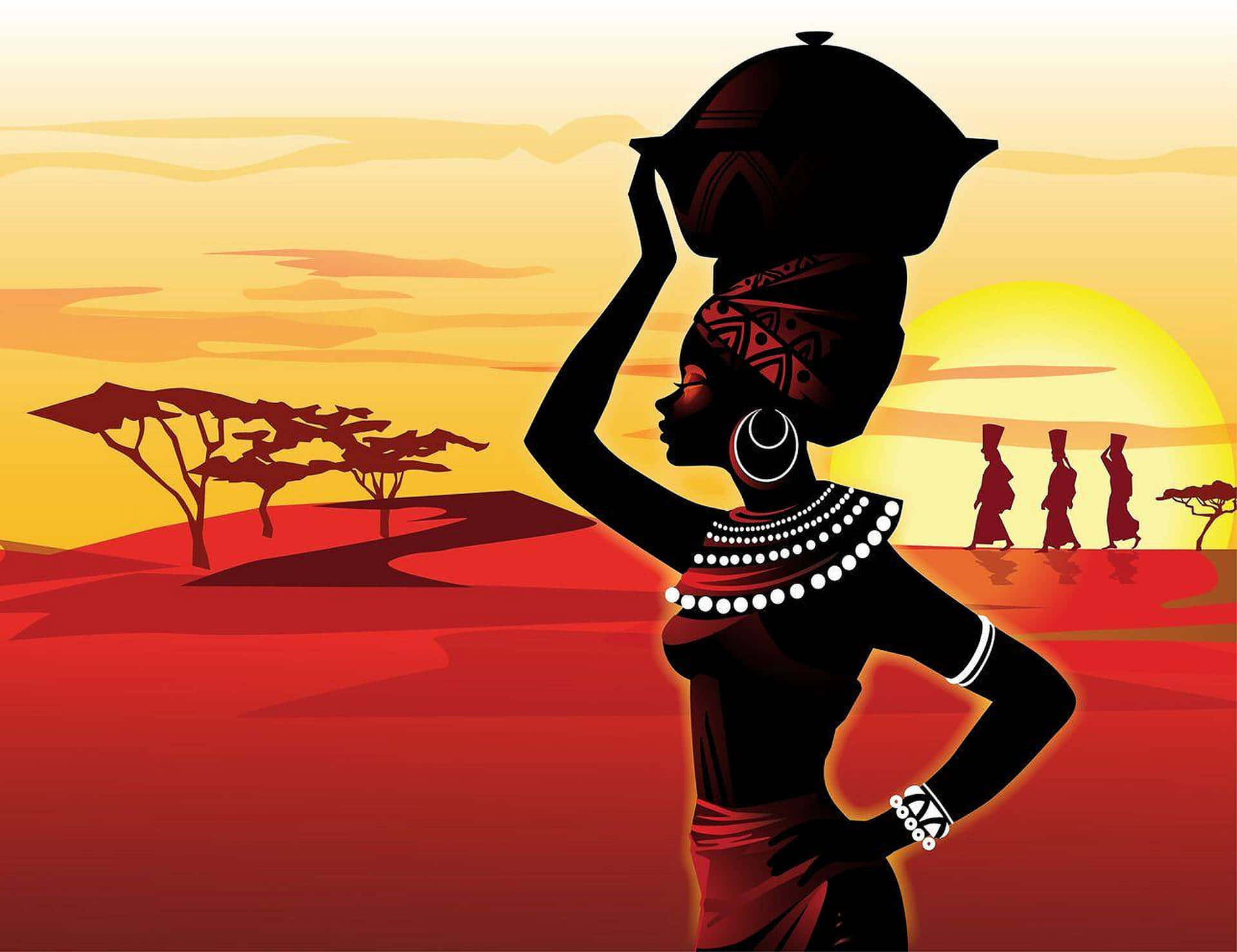 Indstil som en animationsanimation af nigeriansk kvinde og solnedgang. Wallpaper