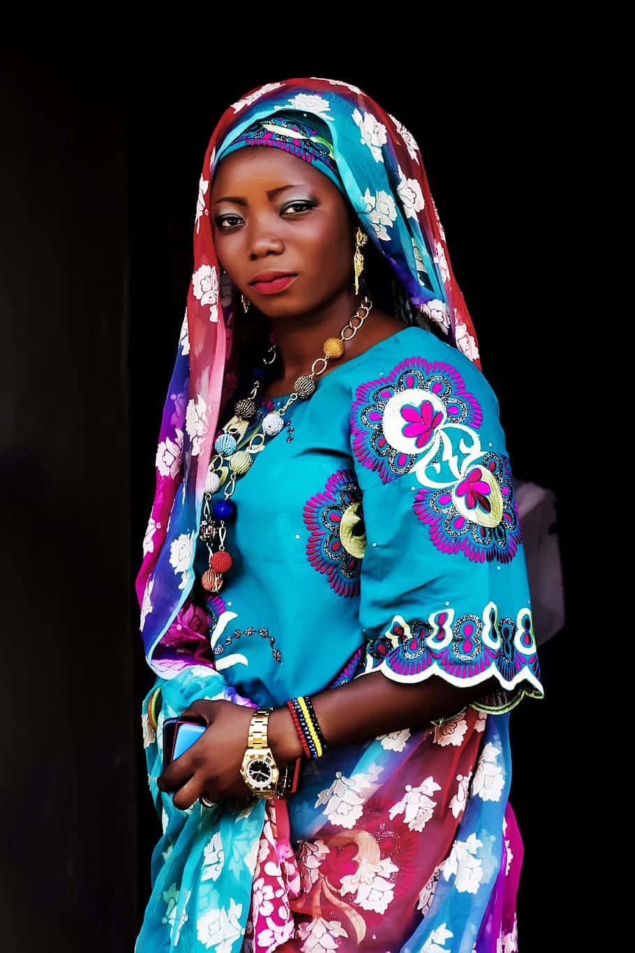 Nigerian Woman Blue Floral Dress Background