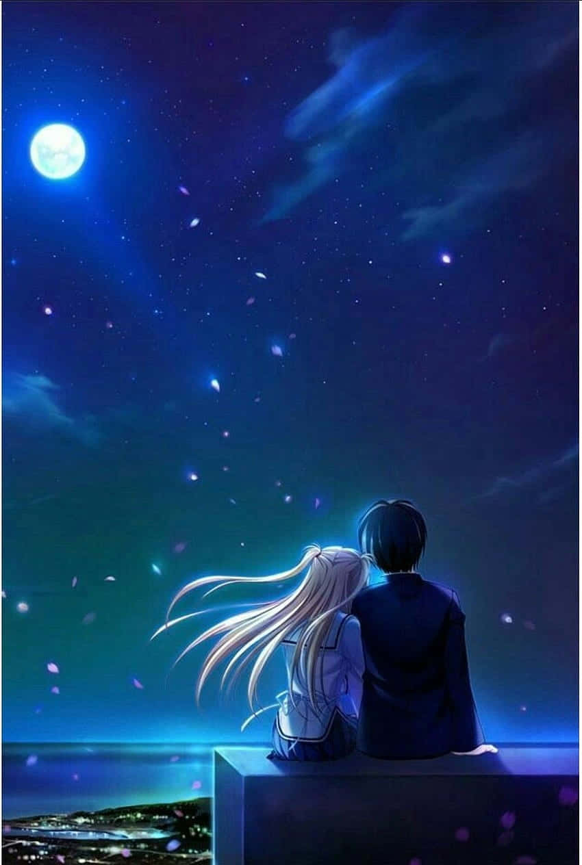 Download Night Anime Couple With Blue Moon Wallpaper 