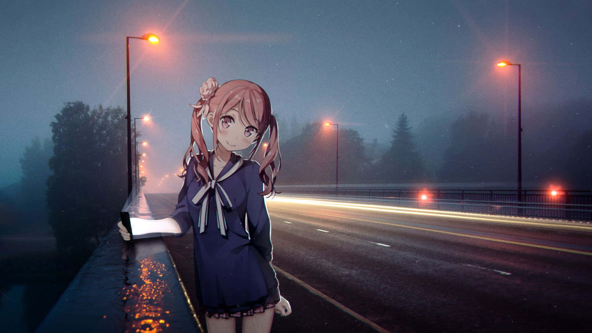 Night Anime Highway Road Wallpaper