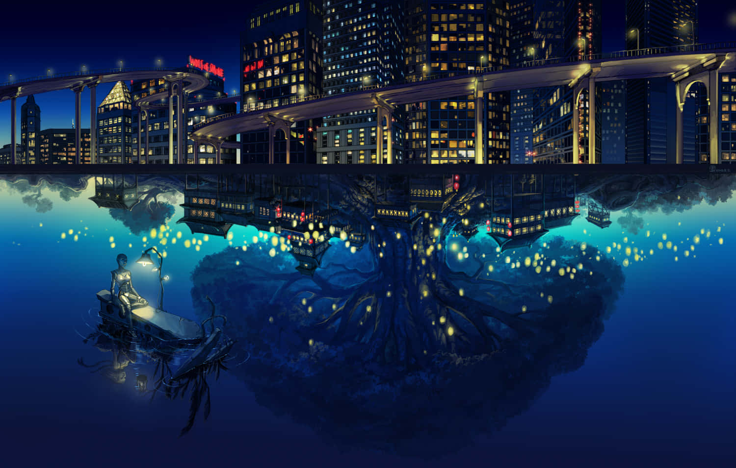 Night Anime River Reflects The City Wallpaper