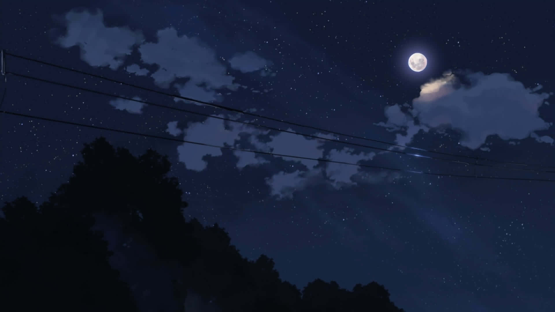 Night Anime Sky Features Electrical Cables And Trees Picture
