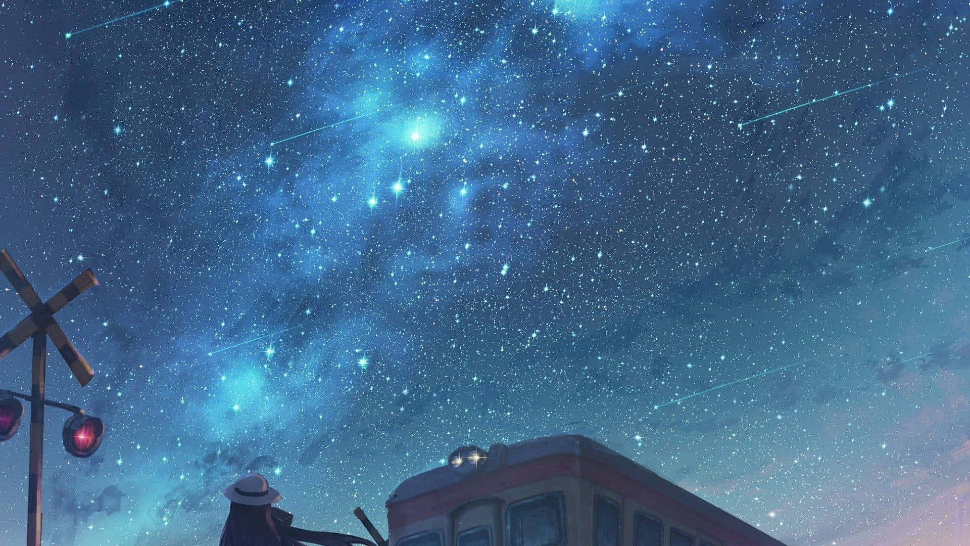 Night Anime Sky Filled With Shooting Stars Wallpaper