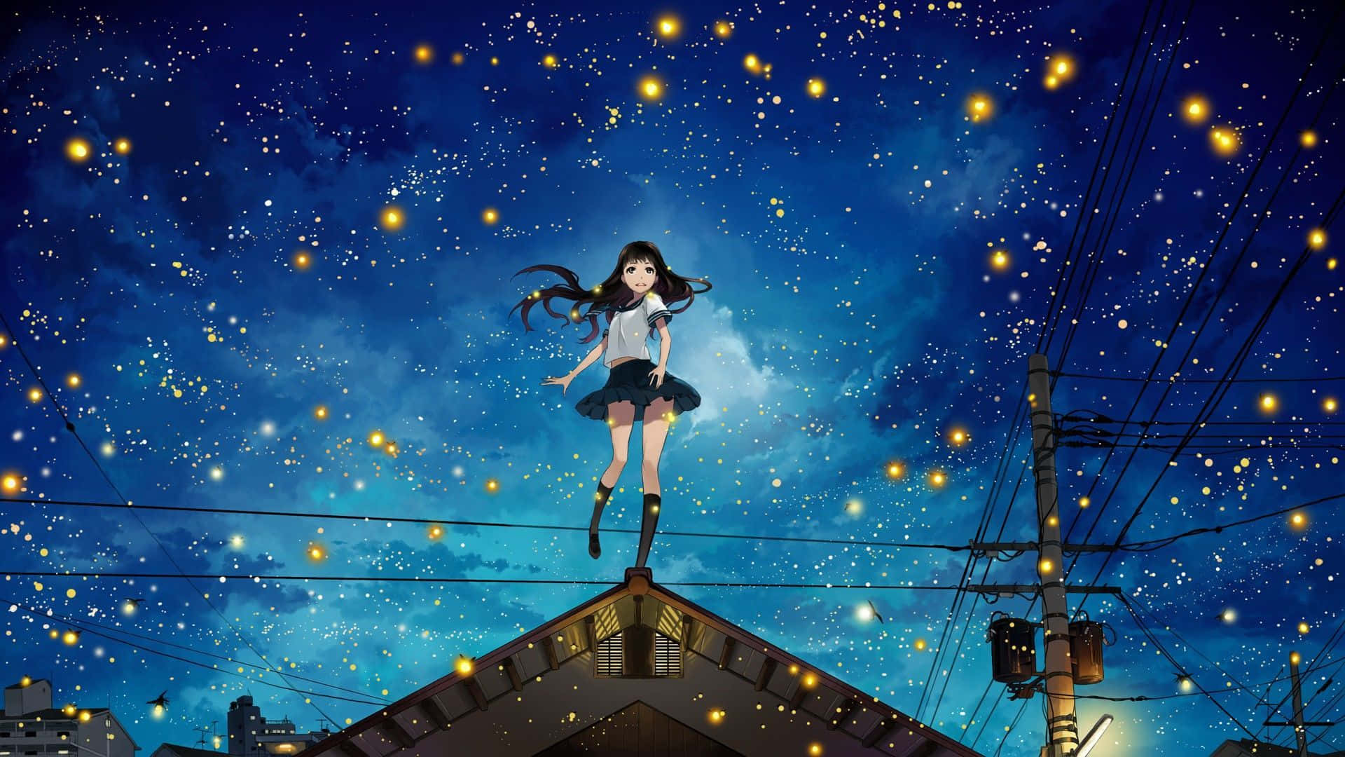 Night Anime Sky With Fireflies Wallpaper