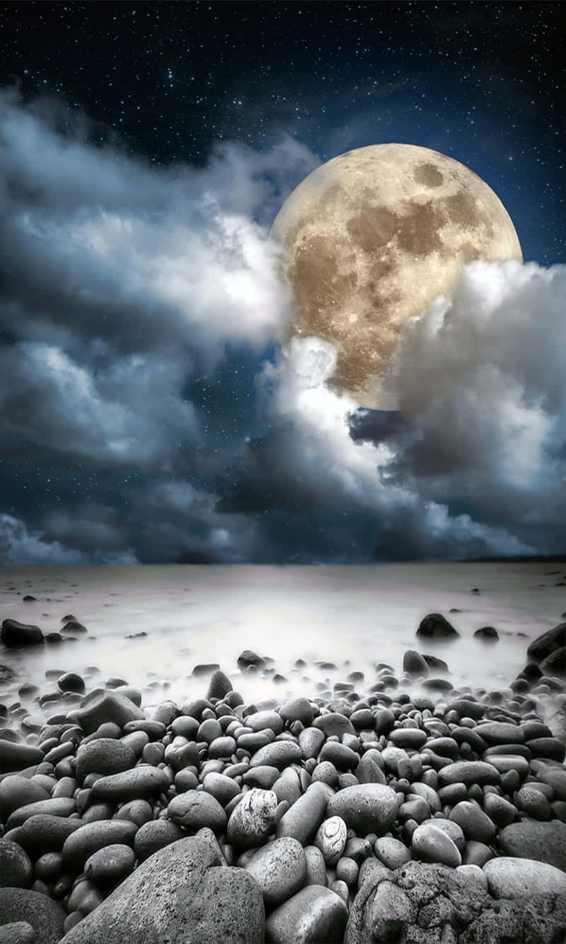 Immaginedi Una Spiaggia Rocciosa Di Notte Con La Luna
