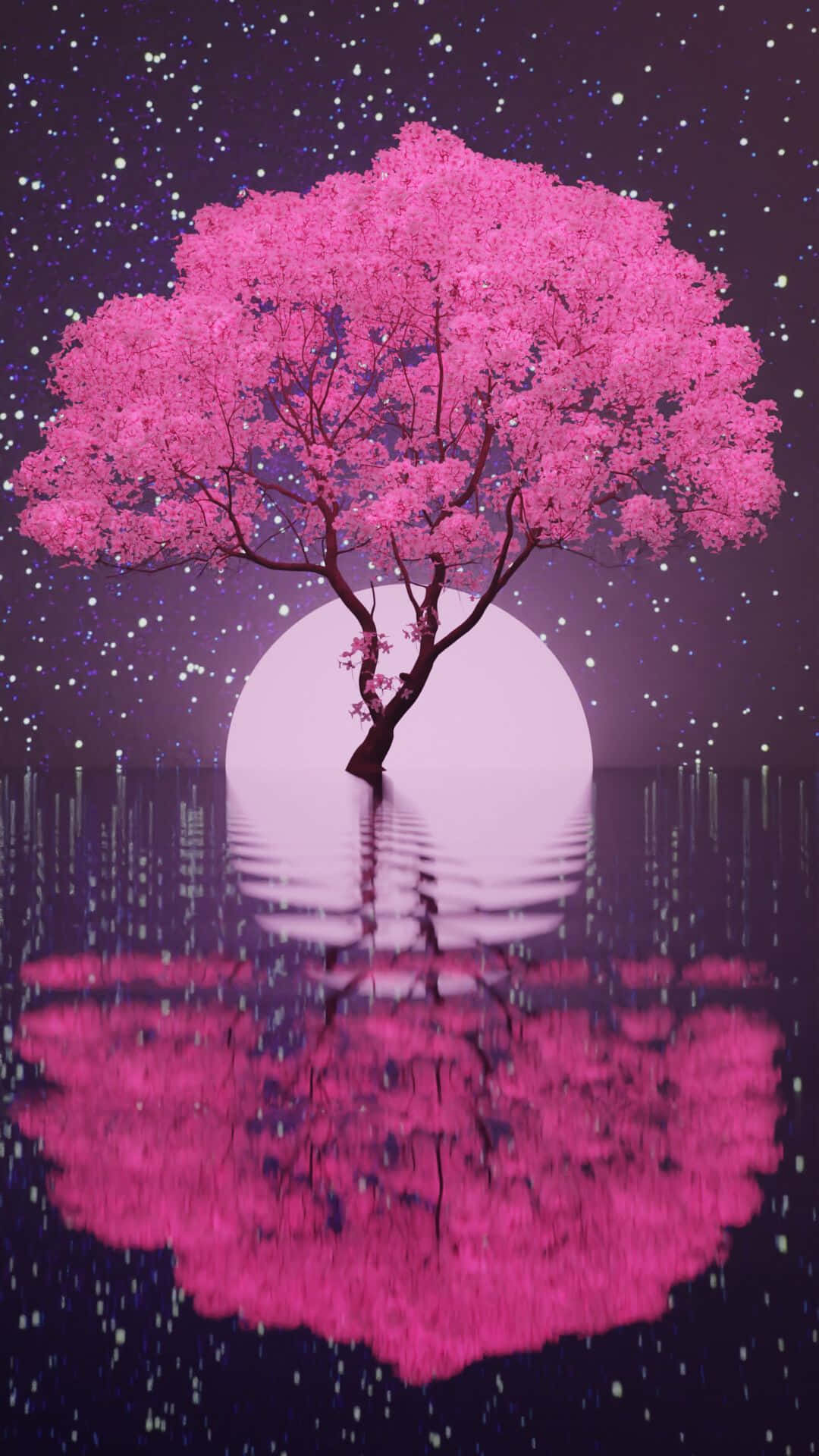 A Pink Tree In The Water With Stars In The Sky Wallpaper