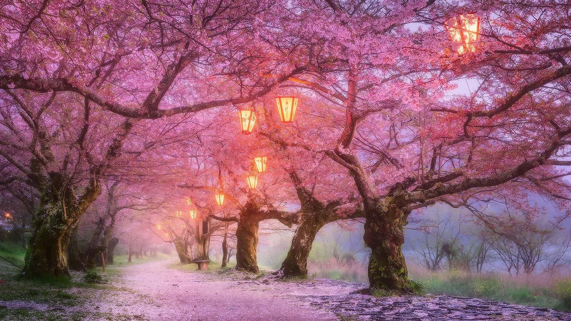 "Beauty in the Night: Cherry Blossoms Illuminated" Wallpaper