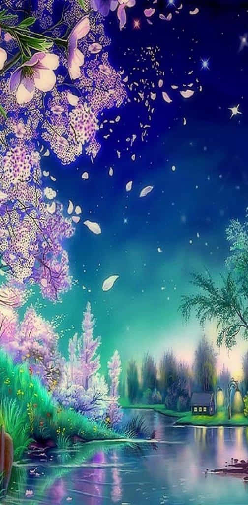 An enchanting night scenery of cherry blossoms in full bloom Wallpaper