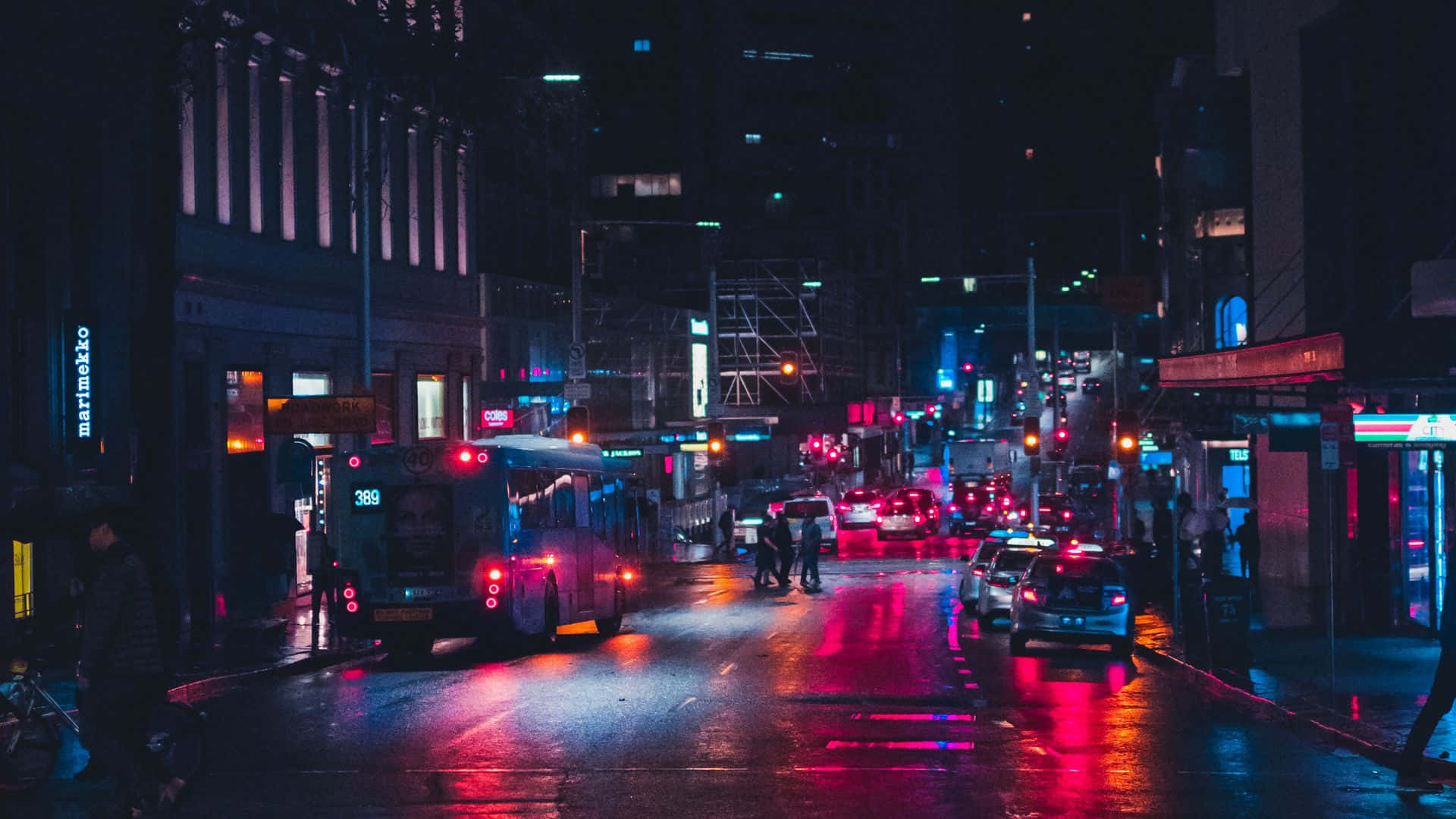 Watch the neon lights flicker and dance in the lively streets of Night City