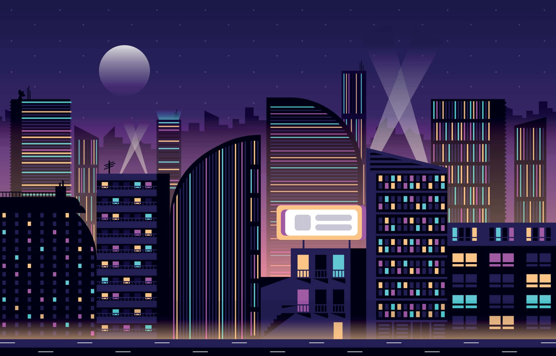 En bylandskab om natten med bygninger og en måne på himlen