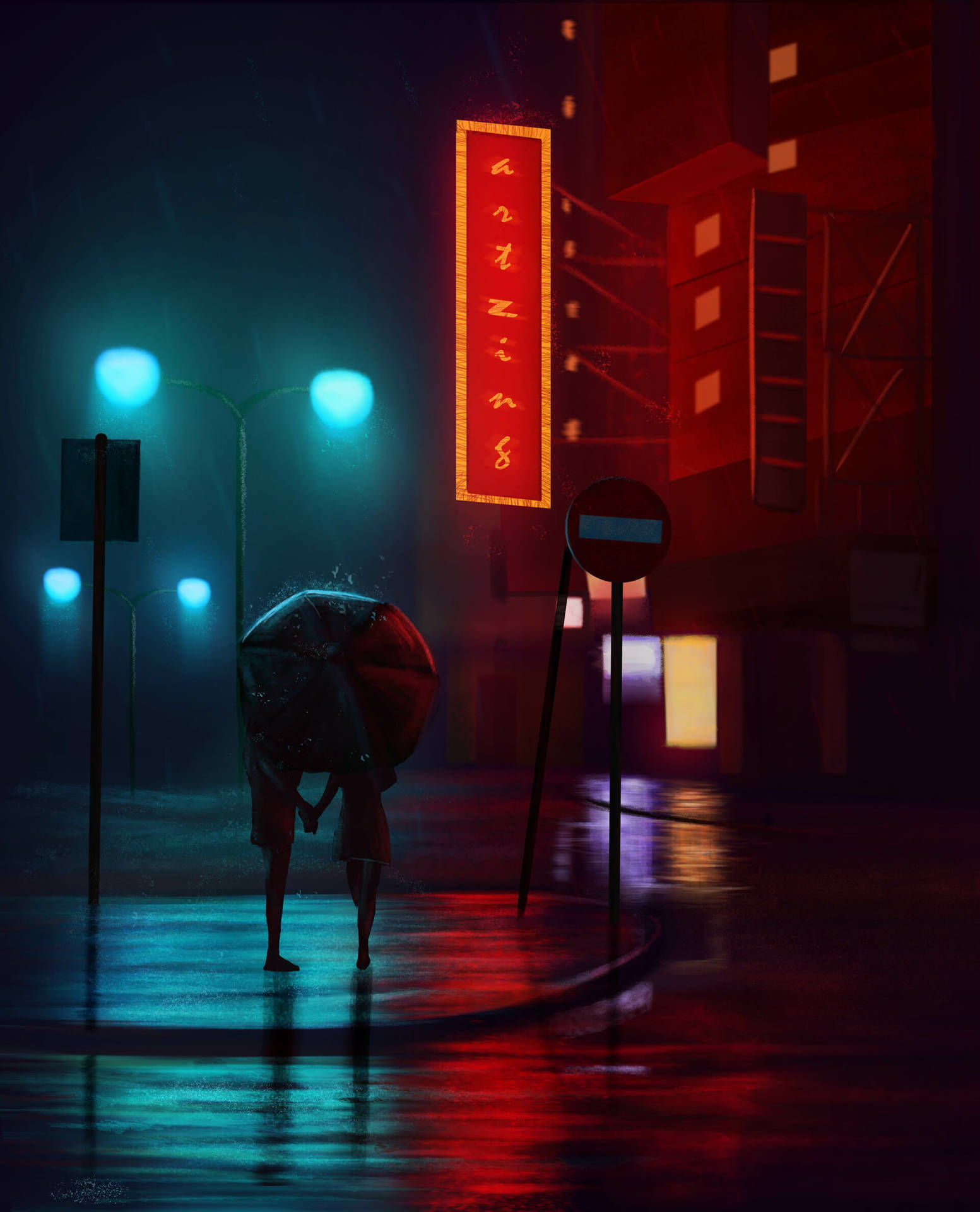 Night City Rain Couple Wallpaper