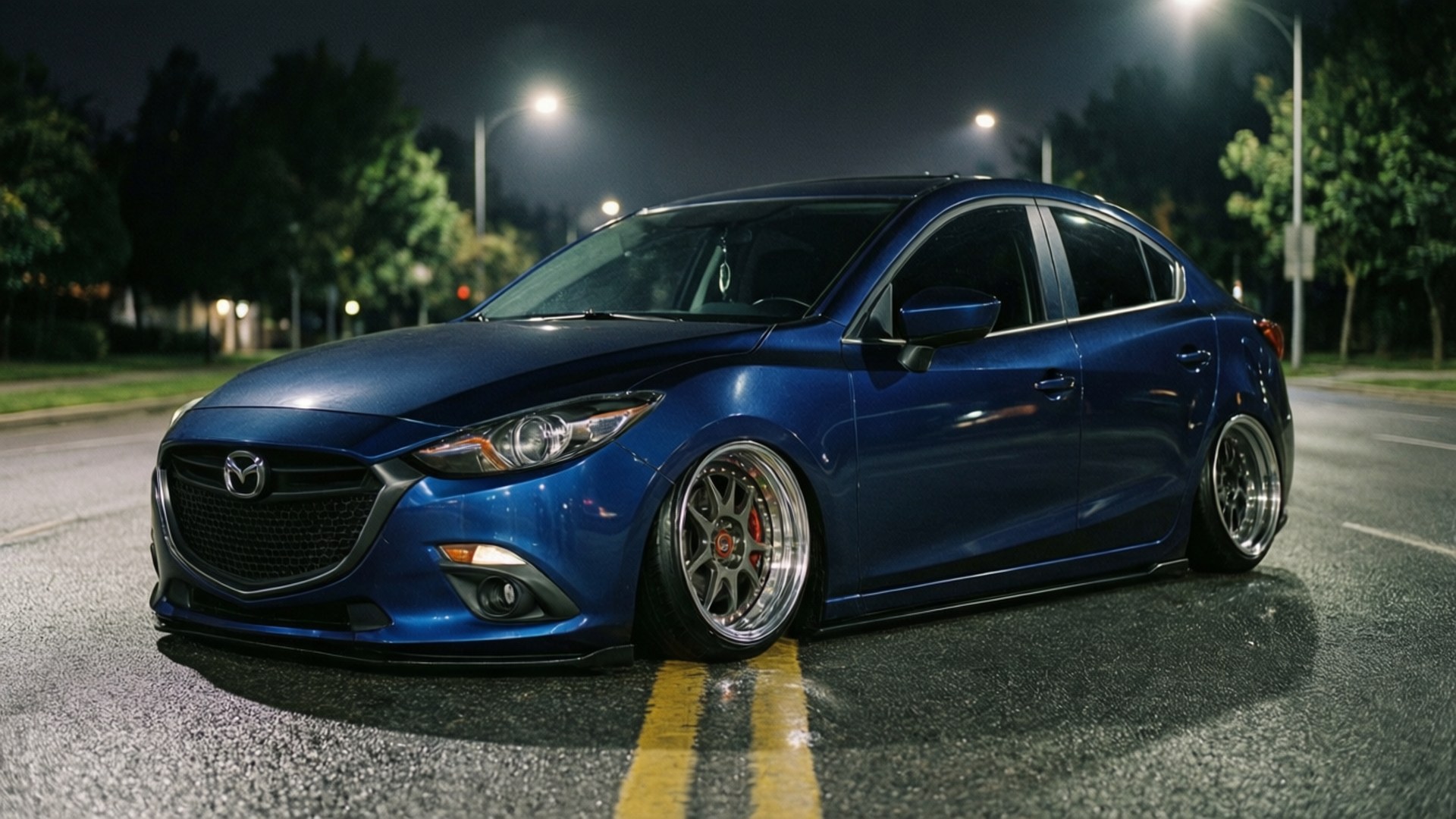Night Custom Taustakuvat — Tummansininen Mazda 3 sedan räätälöity yöllä