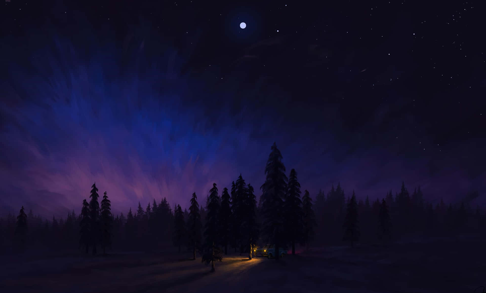 Get Lost in the Mystical Beauty of a Starry Night Forest Wallpaper