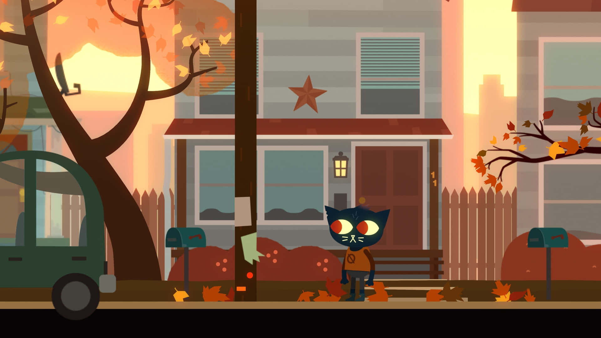 A Cartoon Cat Is Walking Down The Street In Autumn Wallpaper