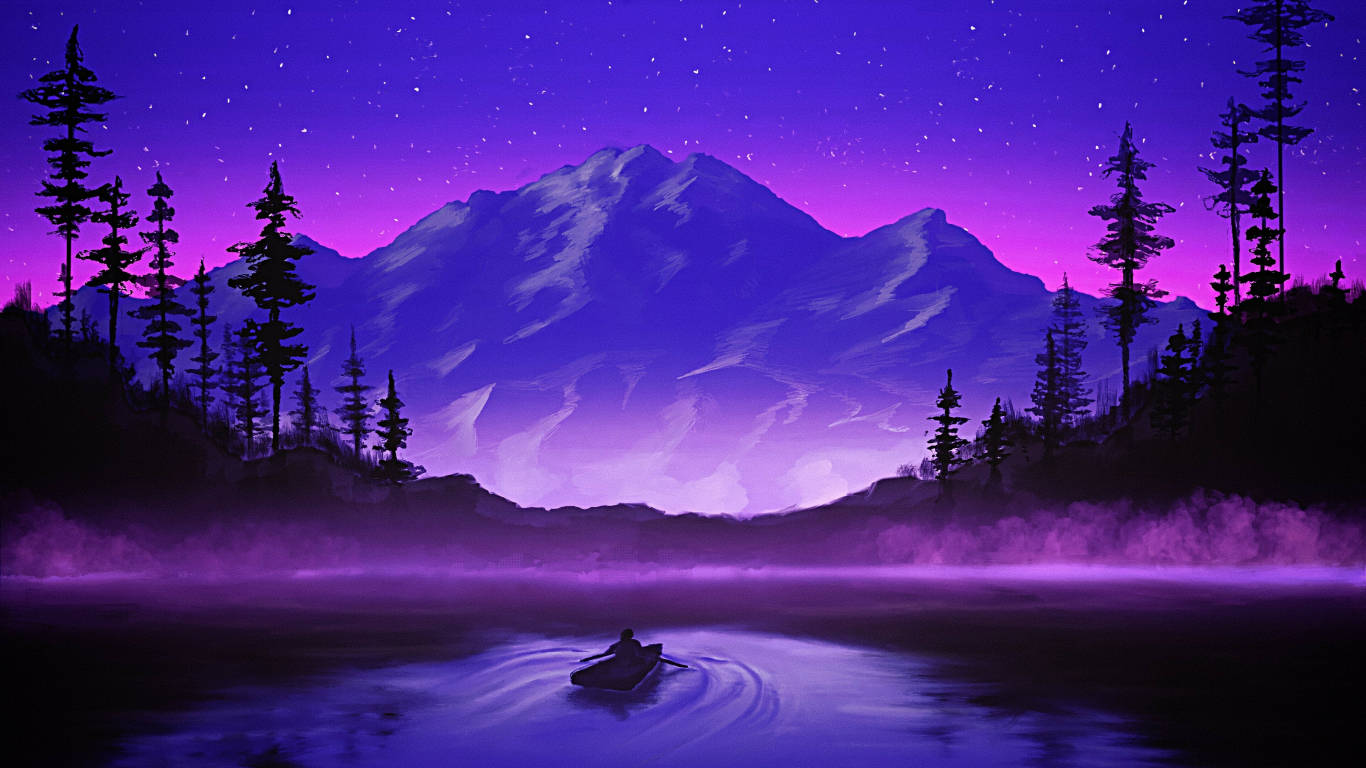 Einmann In Einem Kanu Auf Einem See Bei Nacht Wallpaper