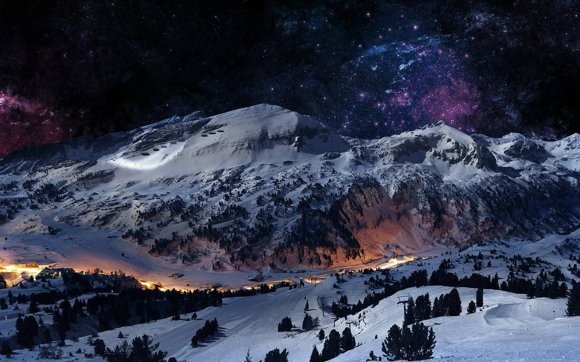 The beauty of a night mountain illuminated with a full moon Wallpaper