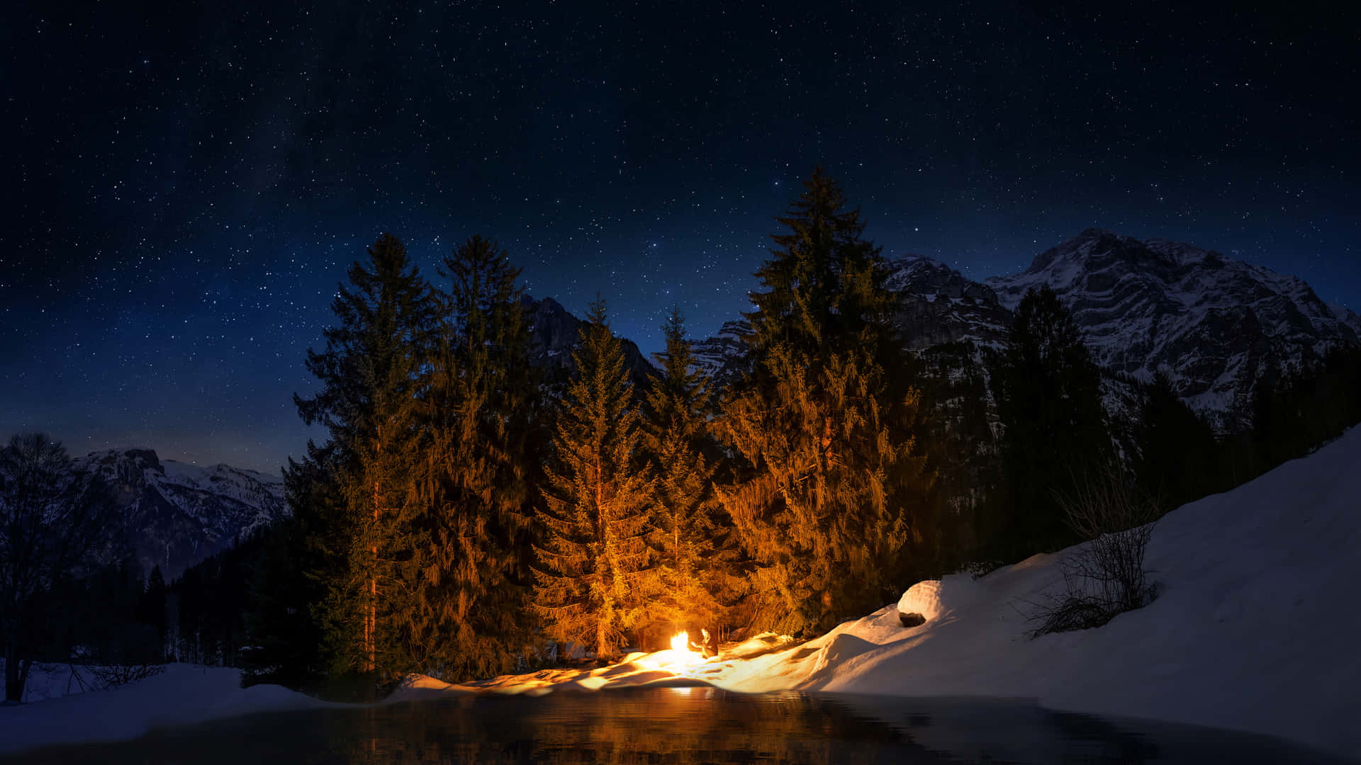 Night Mountain Campfire Wallpaper