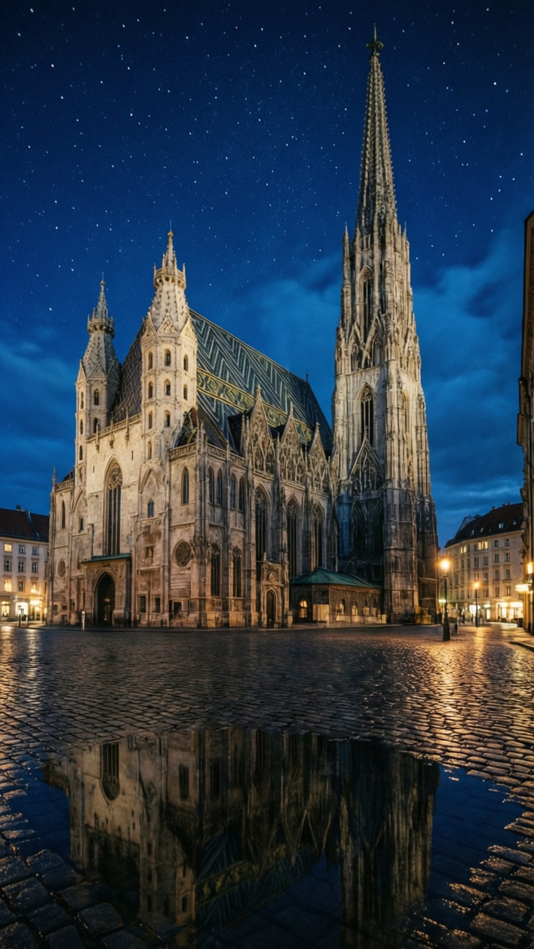 Opplyst Wien-katedral reflektert i en vannpytt om natten.
