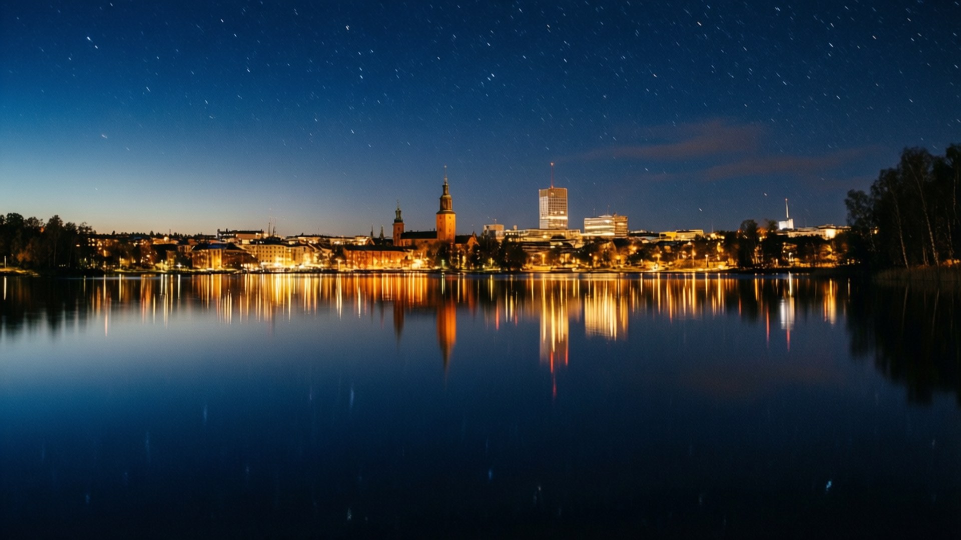 En fängslande nattvy över Västerås med reflektion i sjön.