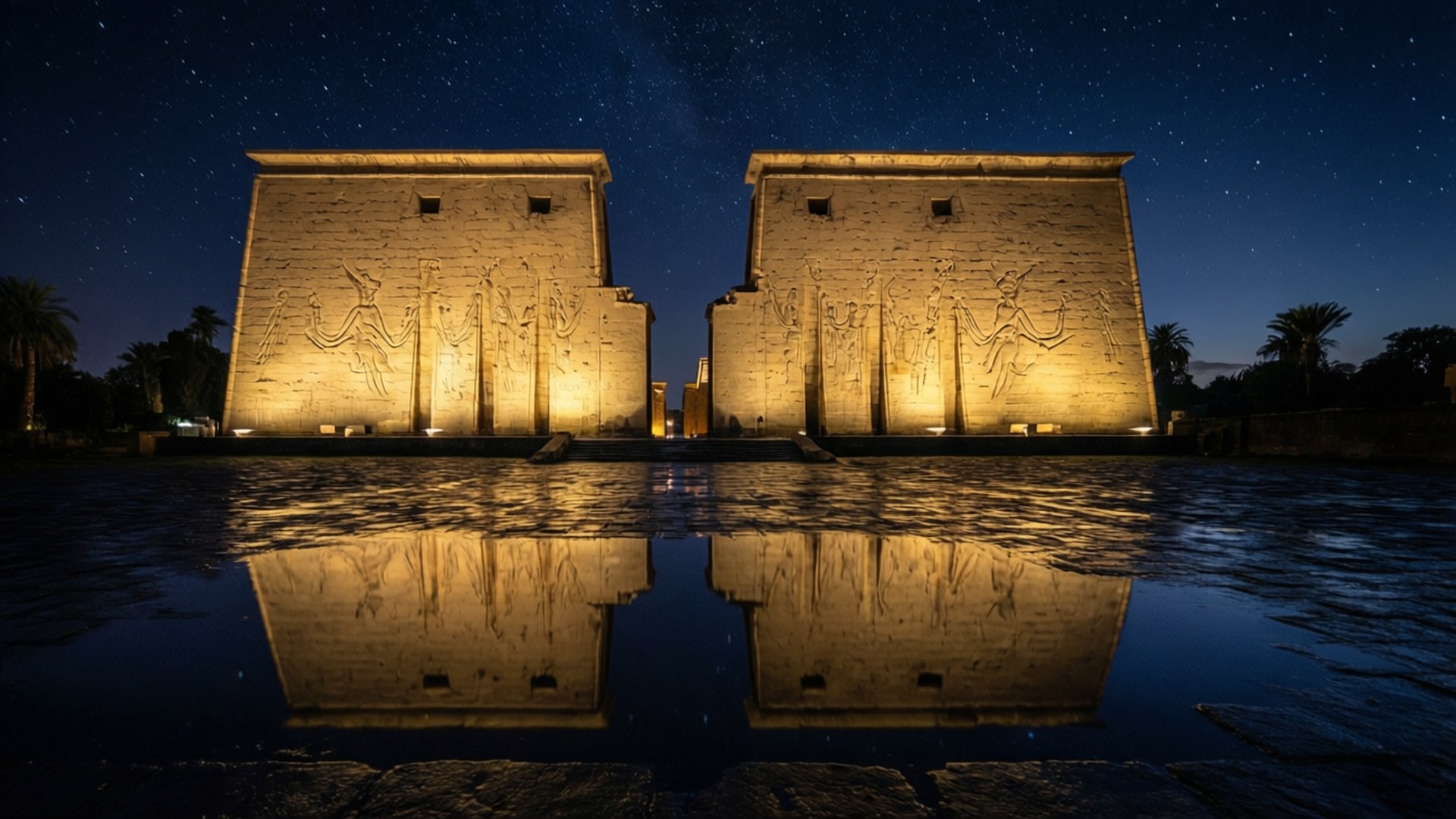 Luxor Temple at night with reflection in puddle under starry sky