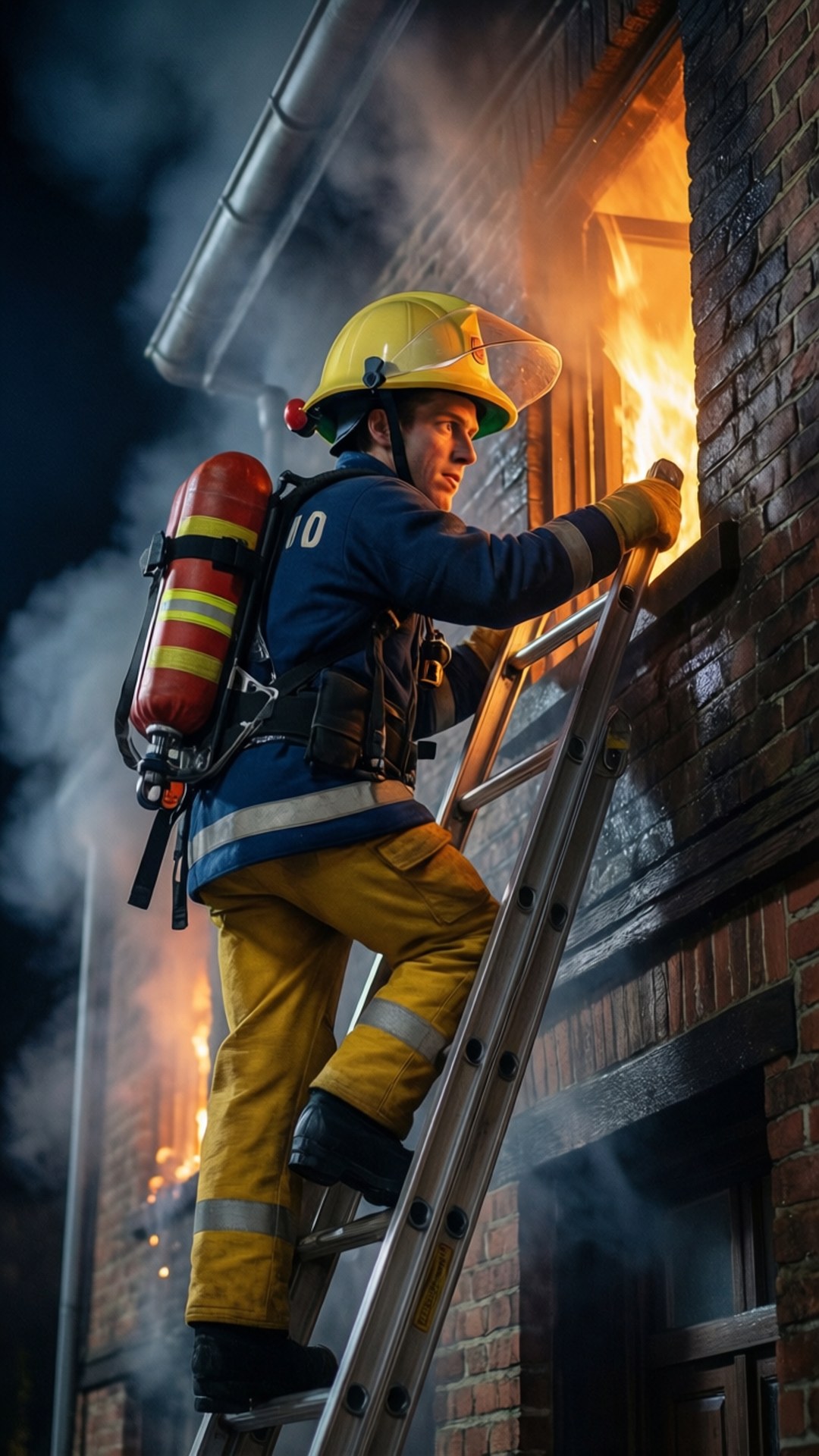 Fireman Sam climbs a ladder for a night rescue
