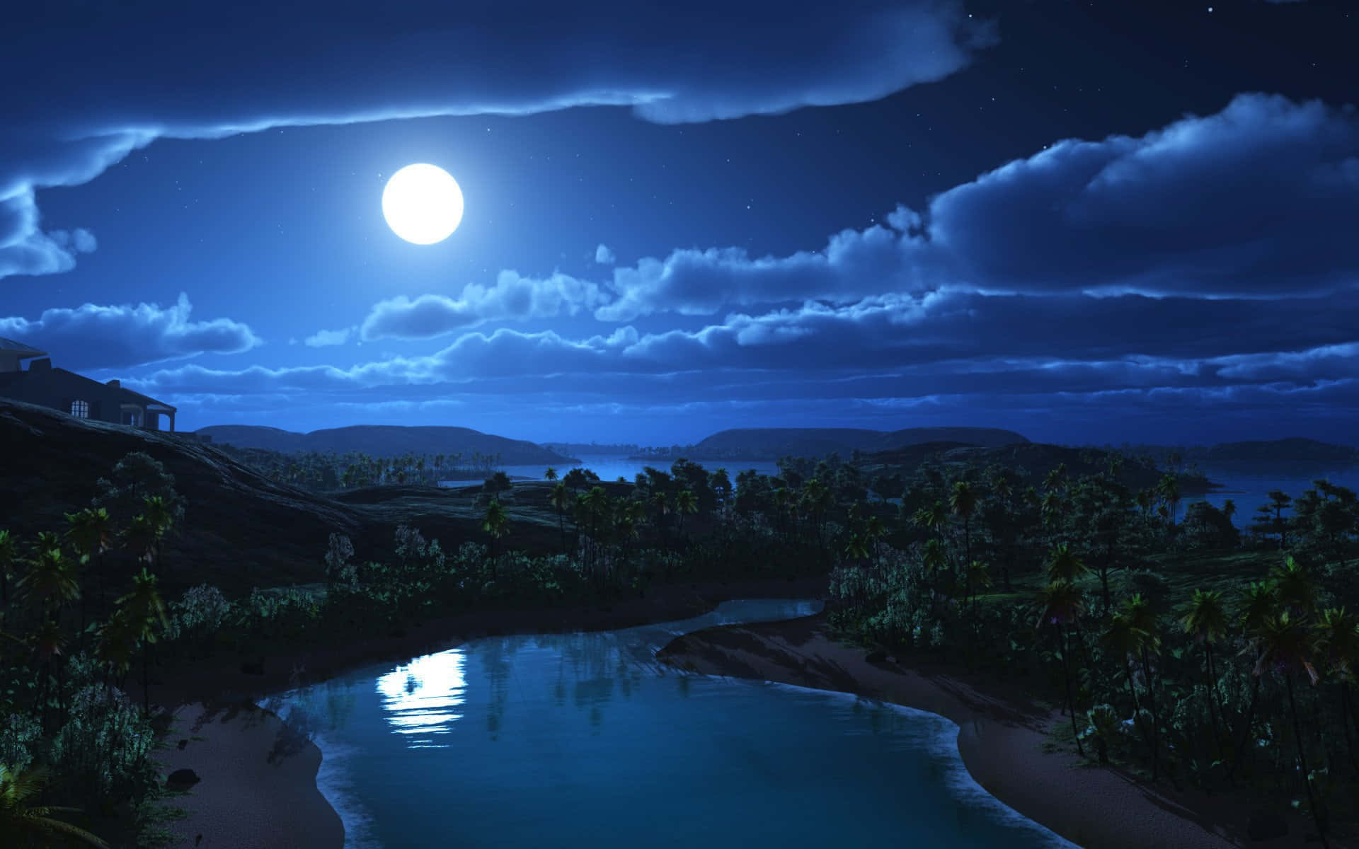 Ilcielo Notturno, La Luna Risplende Sulla Foto Del Paesaggio.