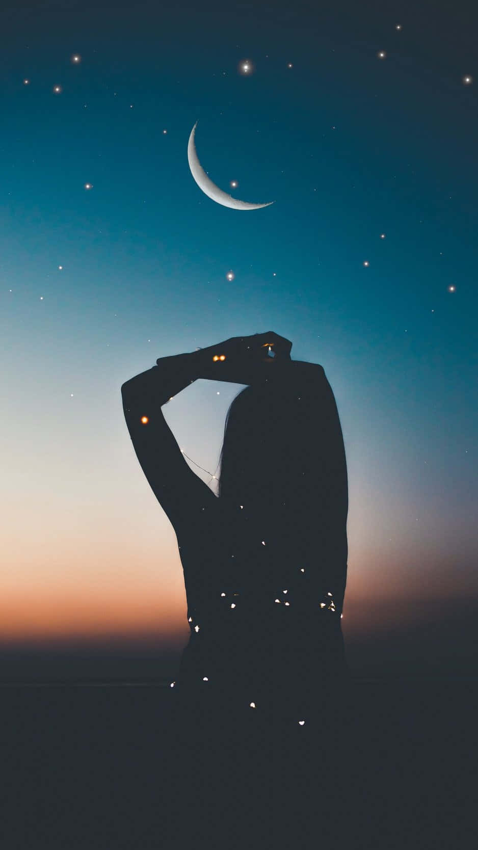 Silhouette Girl Against Night Sky Moon Picture