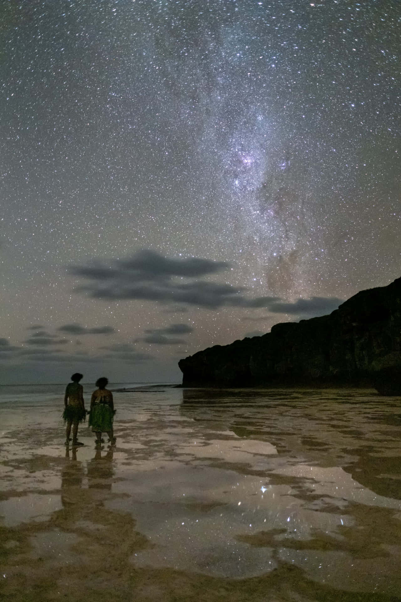 Two People Standing On A Beach Under The Milky