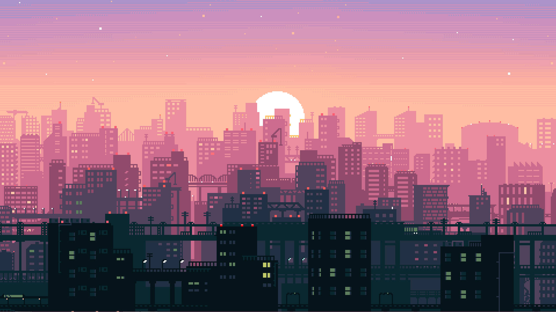 Night Sky Pixel City Background Wallpaper