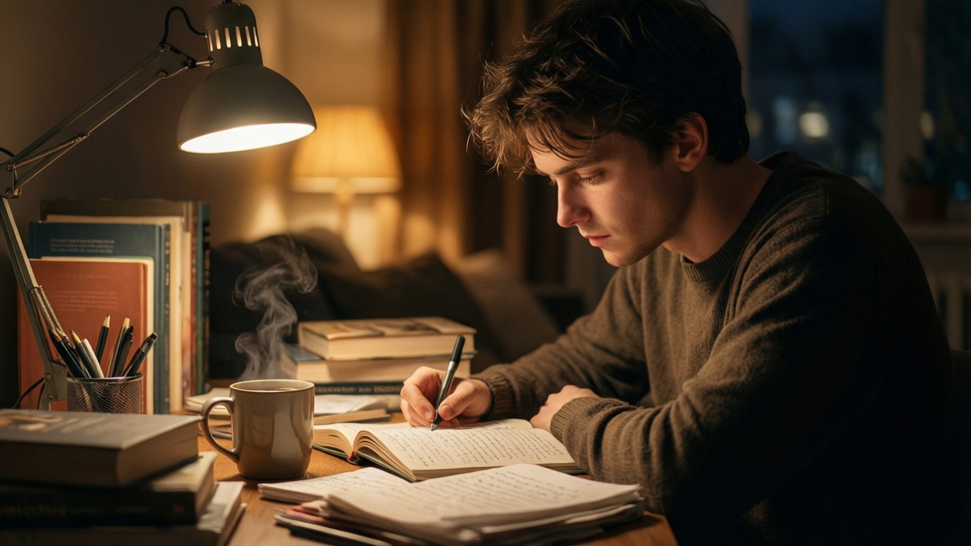 En koselig sen kveldsstudiescene med varm belysning og fokus på bøker og kaffe.