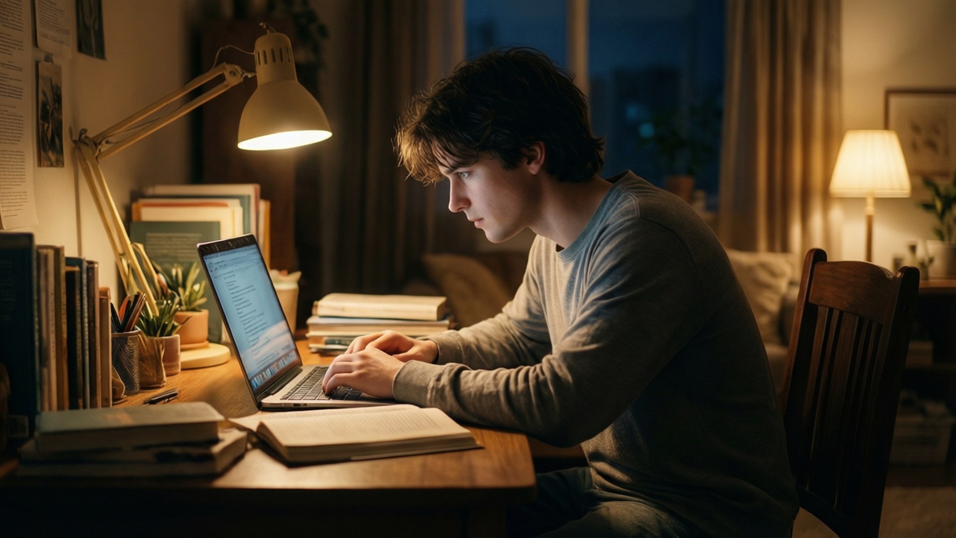 A cozy late-night study scene with warm lamplight and focused student.