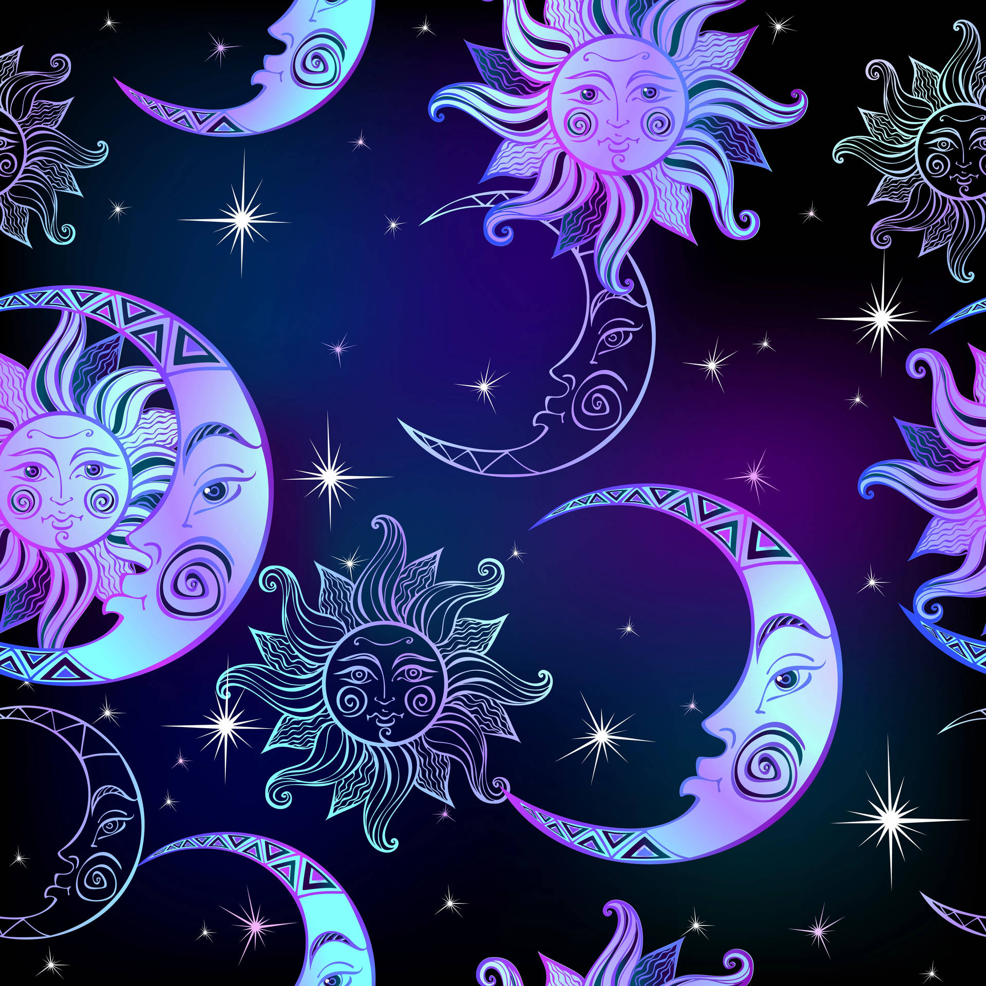 Nattenssol, Måne Och Stjärnor. Wallpaper