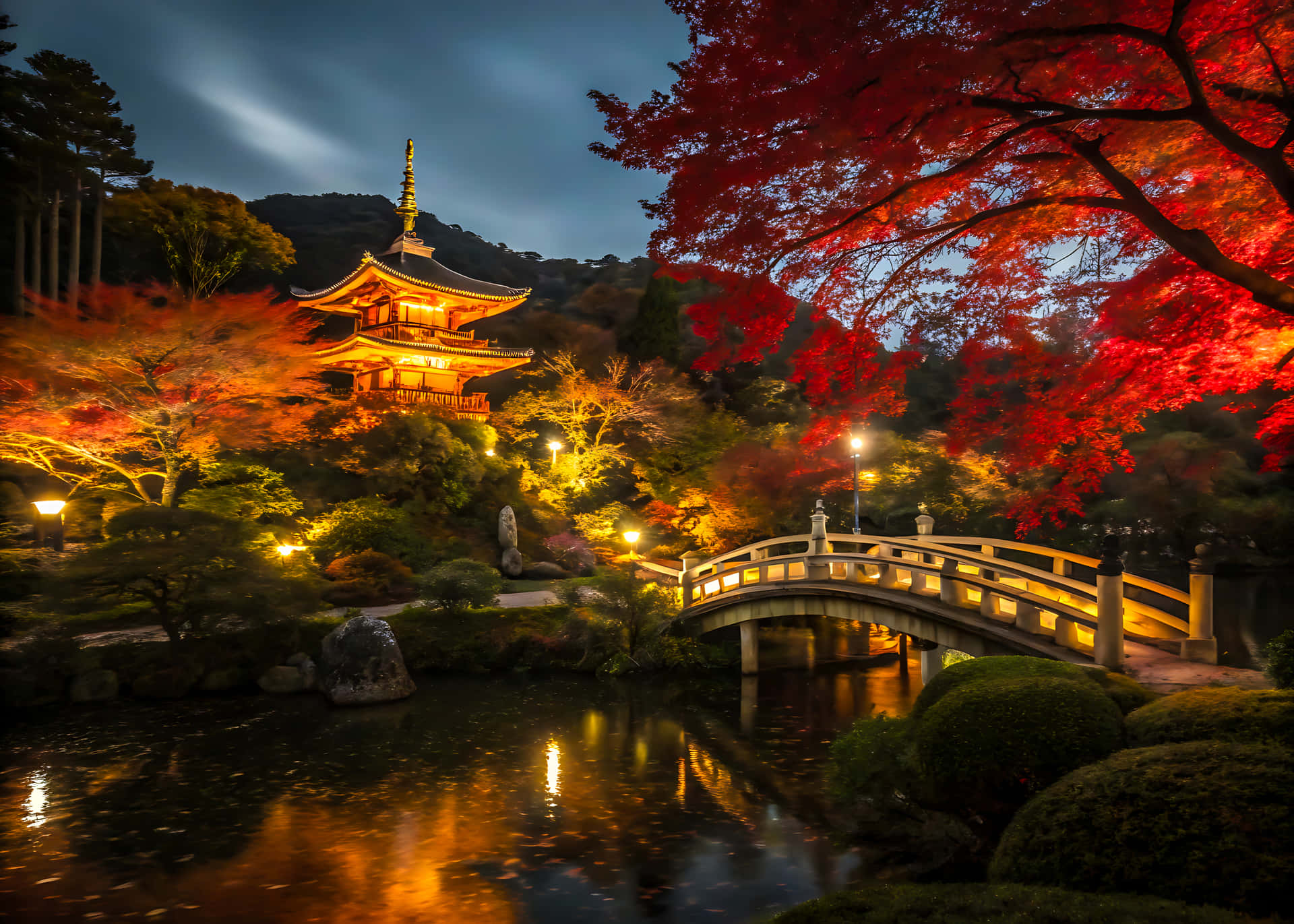 Night View Of European Architecture Reflected In The River Under A Sky Near The Old Bridge Wallpaper