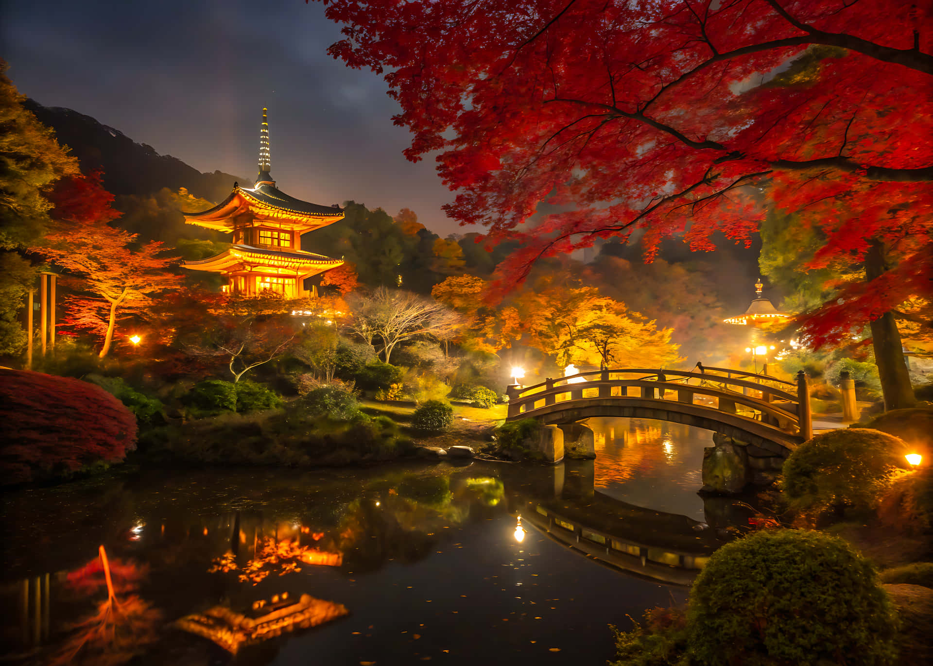 Night View Of European Architecture Reflected In The River Under A Sky Near The Old Bridge Wallpaper