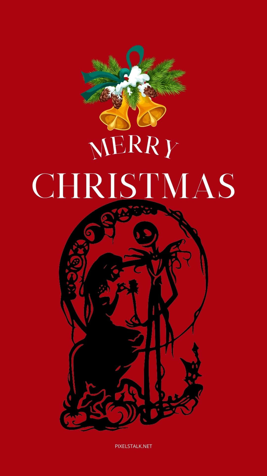 A Red Christmas Card With A Silhouette Of A Skeleton And A Bell Wallpaper
