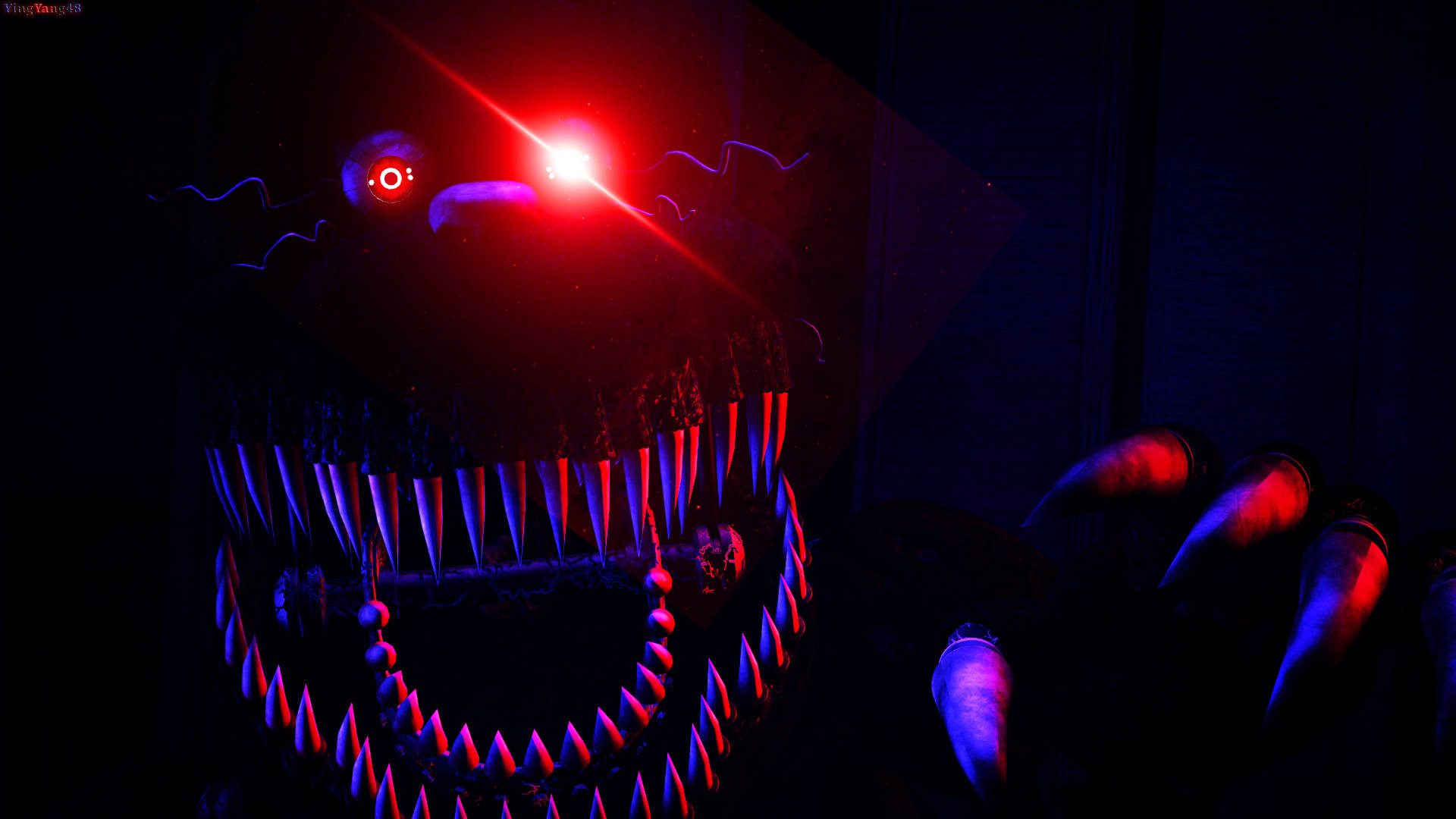 Intimidating Stare of Nightmare Freddy with Glowing Red Eyes Wallpaper