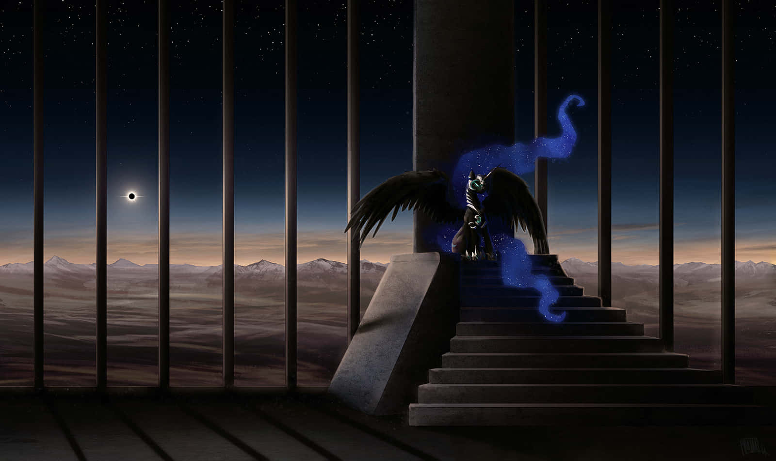A Blue Dragon Sitting On A Stairway With A Blue Sky Wallpaper