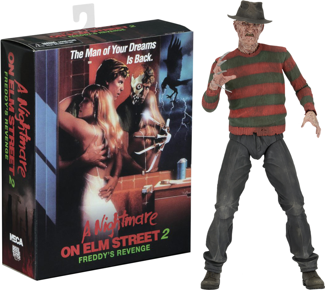 Nightmareon Elm Street2 Freddy Figureand Movie Box PNG
